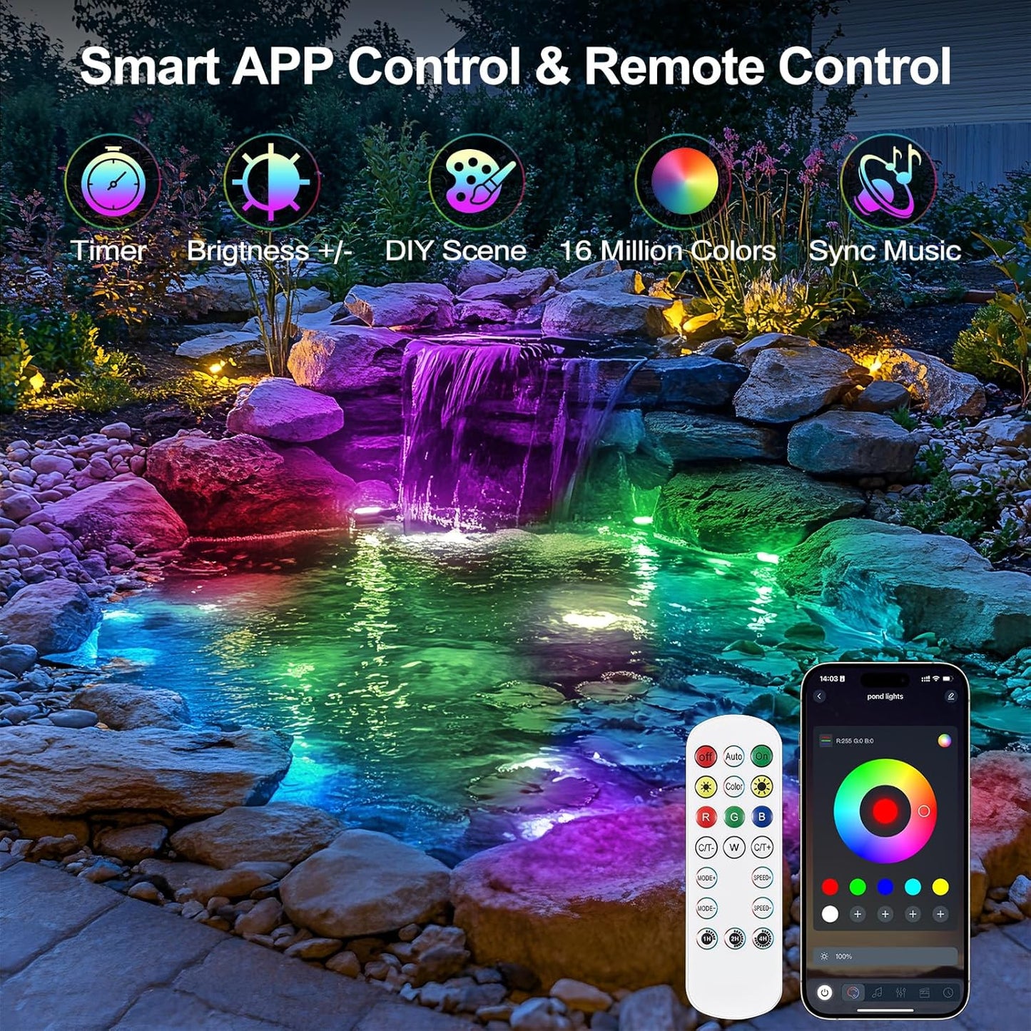Underwater LED Pond Light with 12V Transformer, 6W Turtle Fountain Light LED Underwater with APP, IP68 Waterproof Underwater Lights for Pond Fountain Waterfall Yard Water Feature, 4 SpotLights