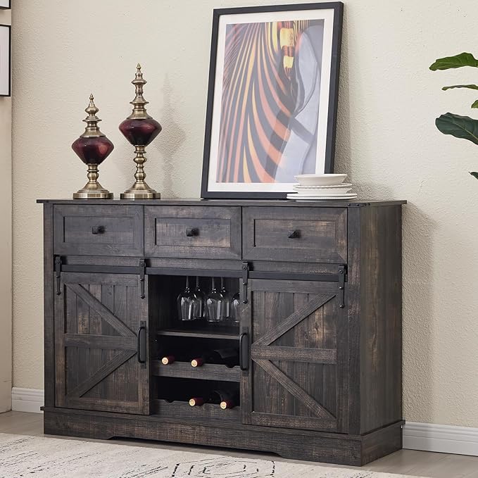 Kmax Farmhouse Wine Bar Cabinet w, 54” Buffet Cabinet with Storage, Rustic White Coffee Bar Cabinet with Sliding Barn Doors, Wine/Glass Rack for Living, Dining Room, Black
