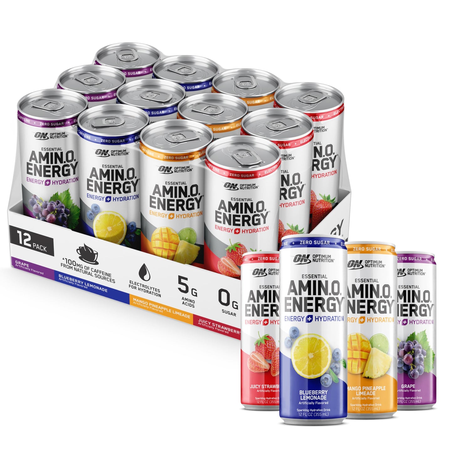 Optimum Nutrition Amino Energy Drink with Electrolytes, Caffeine & BCAAs, Variety Pack, 12 Fl Oz (12 Pack), Orange