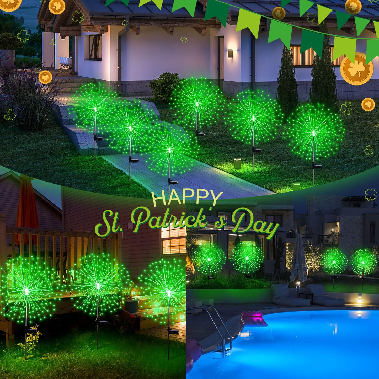 Tujoe 4 Pcs St Patricks Day Solar Lights Solar Firework Lights Decoration 180 LED 8 Modes Waterproof LED Stake Sparkler Decor for Irish Walkway Pathway Driveway Garden Patio Yard Lawn(Green)