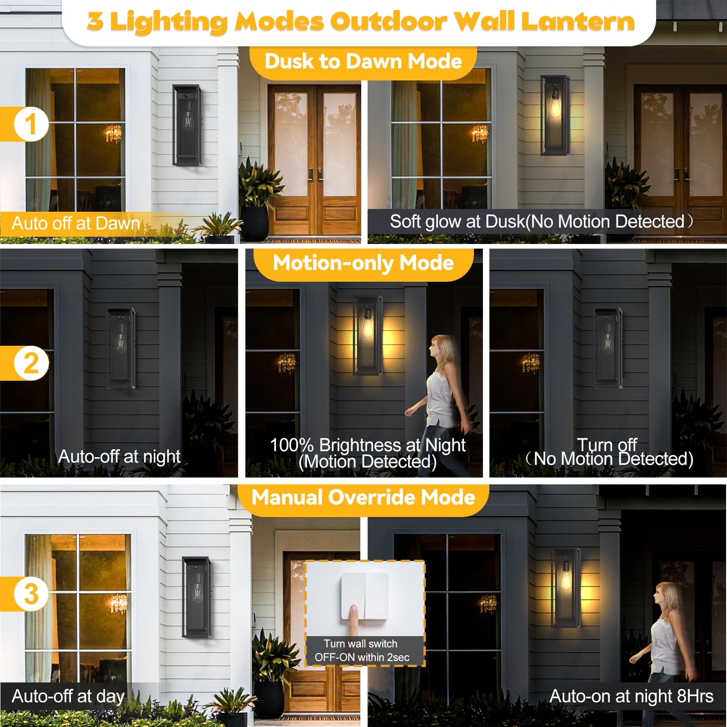 Siafavoi Motion Sensor Outdoor Wall Light 2Pack-15In Modern Dusk To Dawn Porch Sconce Wall Mounted Waterproof Exterior Lighting Fixture E26 Black Lantern For Outside House Garage Entryway