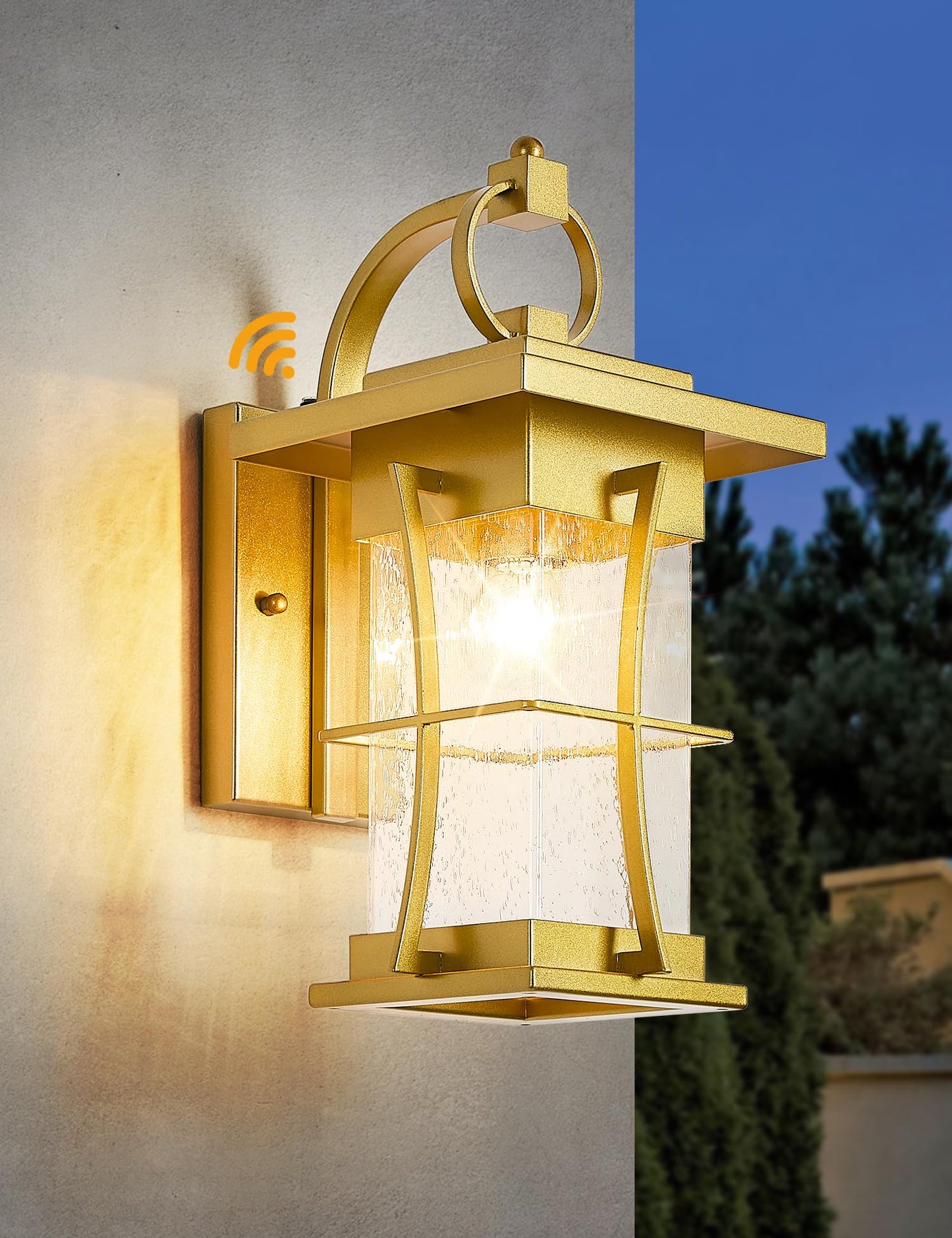 EERU Gold Outdoor Wall Lantern, Dusk to Dawn, Large, Waterproof, Metal, Photocell Sensor, Seeded Glass Sconce
