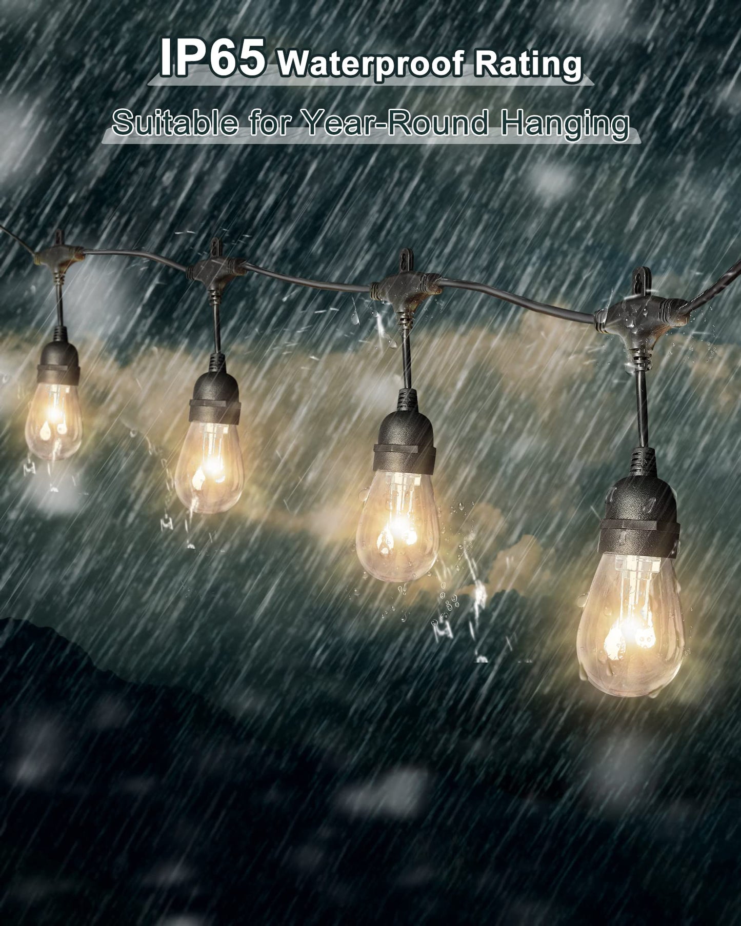 Gana Outdoor String Lights 48Ft, 12V Waterproof Led, 15 E26 Sockets, Shatterproof S14 Bulbs, Ideal For Patio And Garden