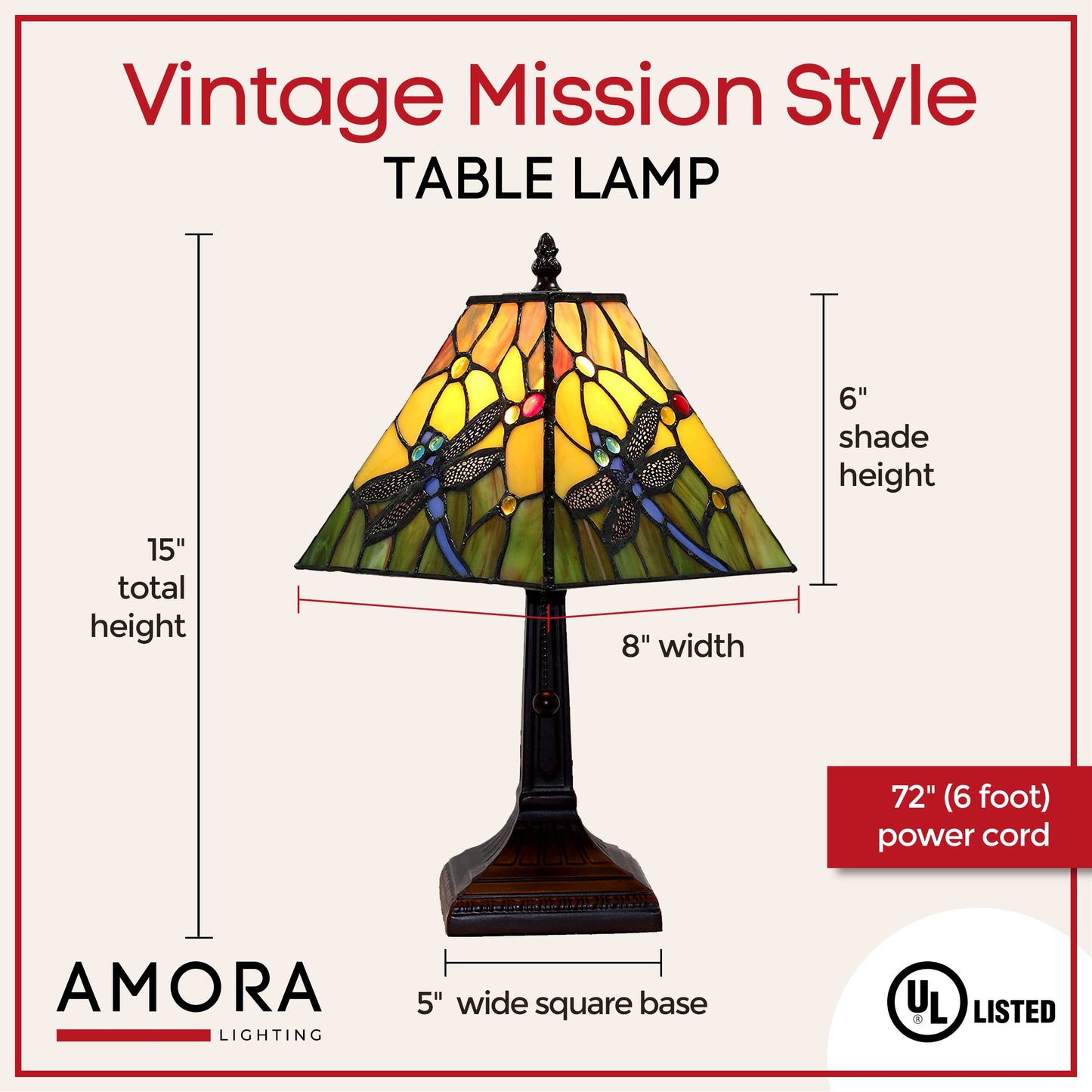 Amora Vintage Tiffany Table Lamp - Floral Blue Dragonfly Table Night Light - Yellow And Green Glass Nightstand Lamp - 15  Tall Stained Glass Lamp
