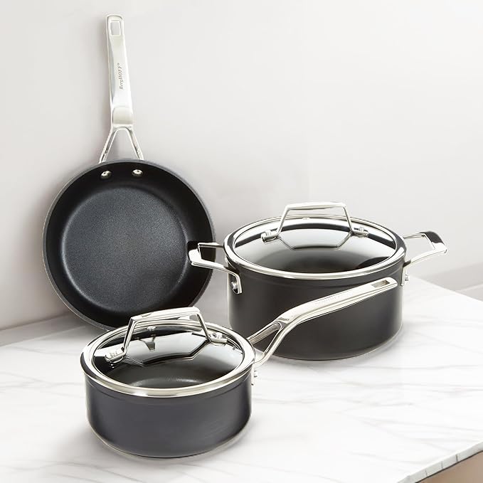 BergHOFF Essentials 10Pc Non-stick Hard Anodized Cookware Set With Glass lid, FernoGreen Non-toxic Nonstick Coating, Stainless Steel Handle, Induction Pots and Pans, Black