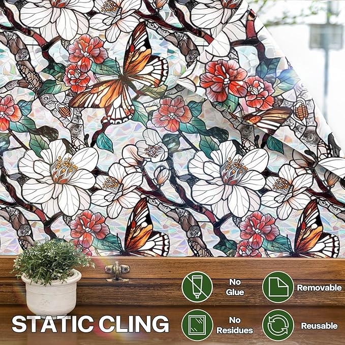 Stained Glass Window Film UV Resistant Window Privacy Film Butterfly Floral Privacy Rainbow Decals Living Room Bedroom Sun Blocking Decor Removable Static Cling Stickers 17 x 39.37 Inch