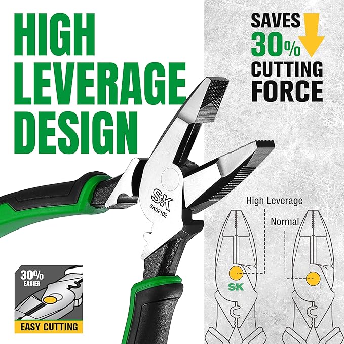 SK 9.5-Inch Linesman Pliers, High Carbon Steel, Ergonomic Anti-slip Handle for Comfortable Grip