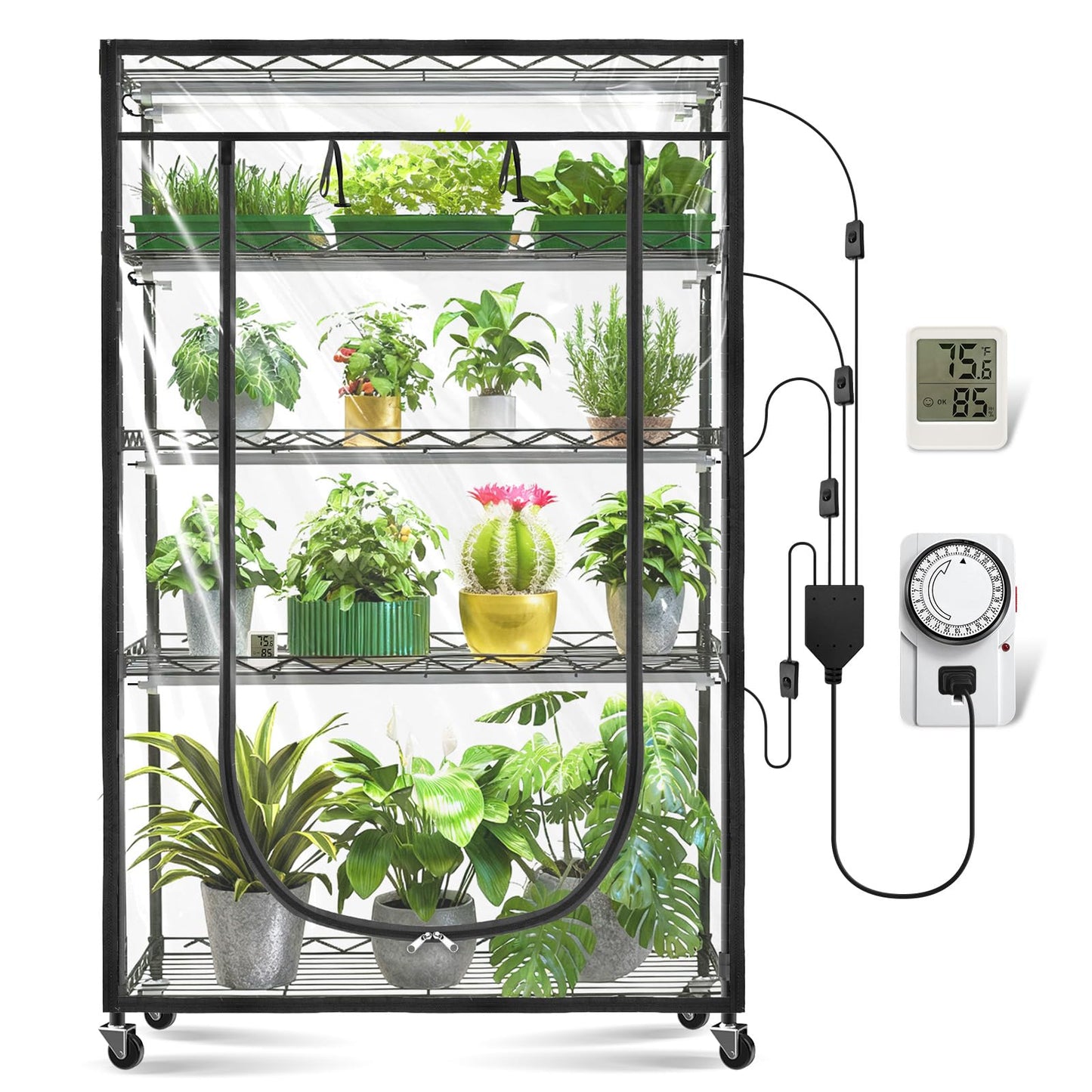 Jesled Indoor Greenhouse With Grow Light  3Ft Full Spectrum 5000K Led Light For Seed Starting  Tiered Lighting Control  Built-In Timer & Thermo-Hygrometer  Rolling Metal Plant Stand (35.4X13.8X70In)