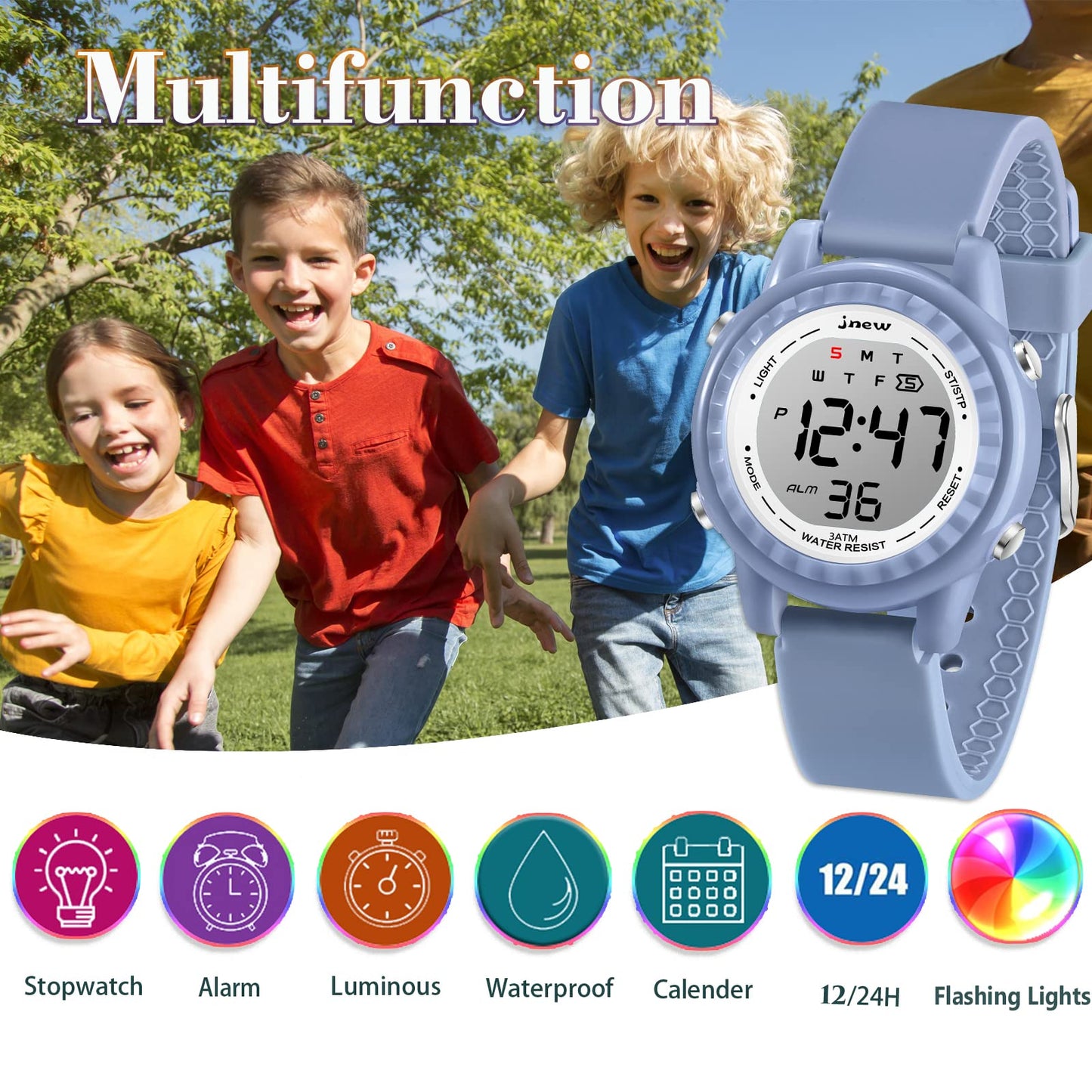 Venhoo Kids Watch Silicone Color Flashing Light Outdoor Sport Toddler Wrist Watch with Luminous Alarm Stopwatch for 3-12 Ages Li