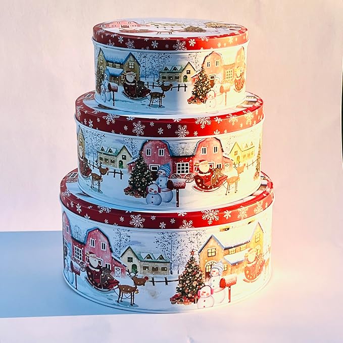 Pack of 3 Christmas Cookie Tins With Lids, Festive Holiday Cookie Tins for Treats & Gifts, Multipurpose Storage Container for Cookies, Snacks & More With Multicolor Christmas Wonderland Design