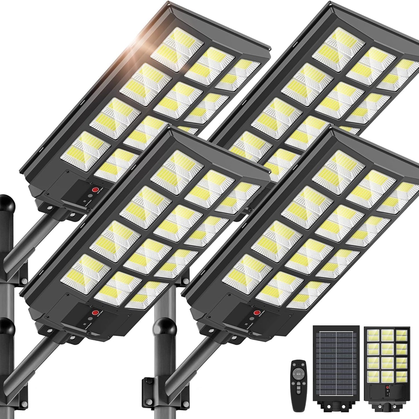 5000W Solar Street Lights Outdoor Commercial  6500K Wide Angle Motion Sensor Led Flood Light With Remote  Solar Lights Ip66 Waterproof Dusk To Dawn Lighting For Parking Lot Yard Driveway (4 Pack)