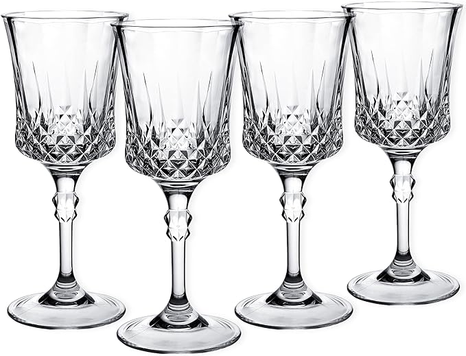 Crystal Cut Disposable Clear Plastic Wine Goblets - 11oz, 4 Pieces - Durable & Sophisticated Drinkware for Parties and Events
