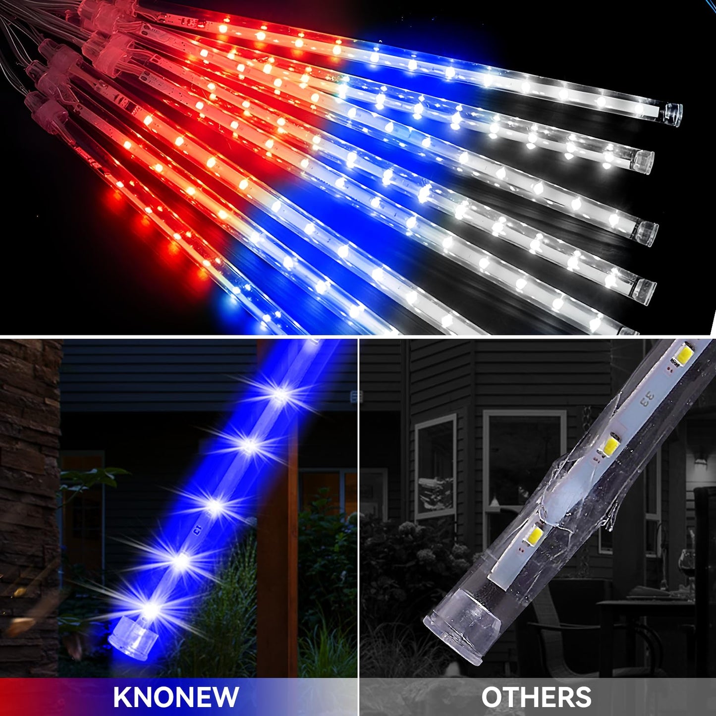 KNONEW 40 Tube LED Meteor Shower Lights, Red White Blue, Waterproof Outdoor Decor for 4th of July, Model KN-1000-LIG168-01