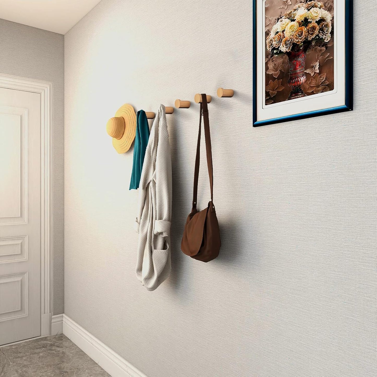 Wood Wall Hooks 6 Pack, Natural Wooden Coat Hooks Wall Mounted, Handmade Rustic Hat Hooks Heavy Duty Entryway Wall Hangers for Hanging Towels, Clothes, Bags (Beech Wood)