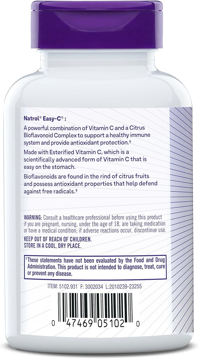 Natrol Easy-C Immune Health, Dietary Supplement, Supports Immune Health with Vitamin C and Bioflavonoids, Veggie Capsules, 500 mg, 120 Count