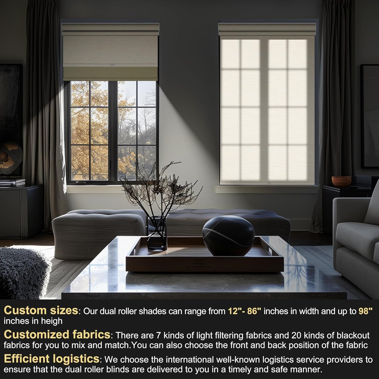BERISSA Cordless Dual Roller Shades with Cassette Valance,Double Window Shades Blackout and Light Filtering Shades,Day and Night Roller Shades for Home Office Door.Striped Jacquard Beige.53 W x 44" H