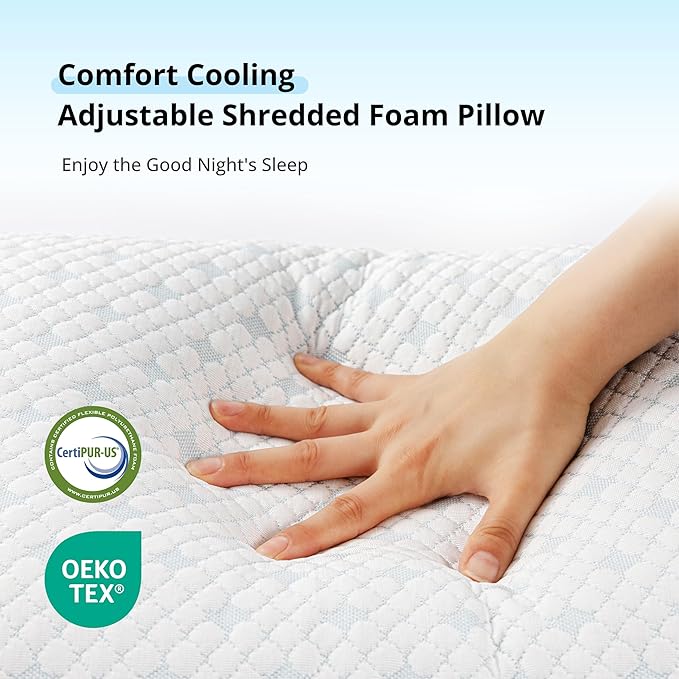 Shredded Memory Foam Pillows for Hot Sleepers, Cooling Adjustable Bed Pillows for Side, Back or Stomach Sleepers, Neck Pillows for Sleeping, Queen Pillow with Removable Cover (2 Pack, Cooling)