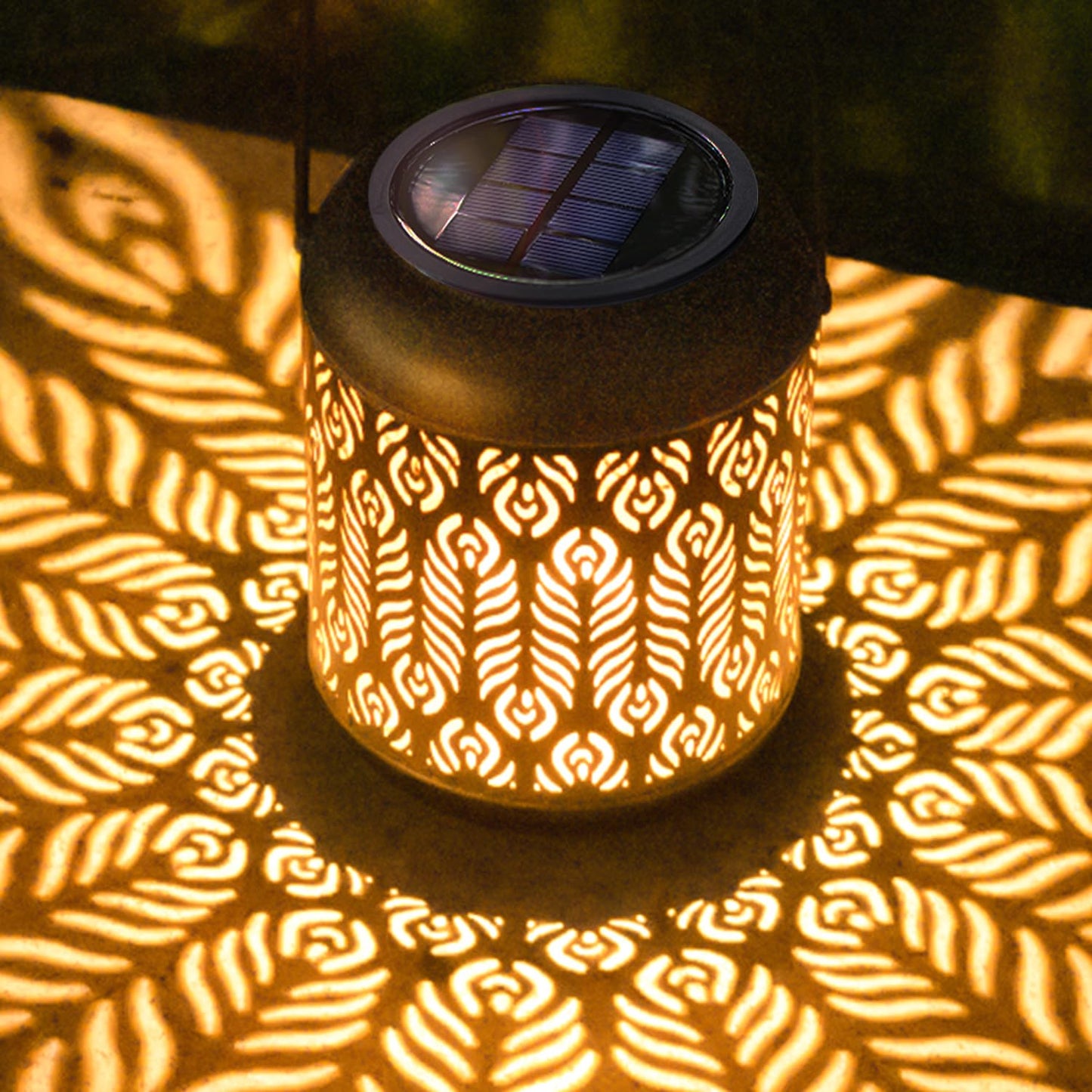 LeiDrail Solar Lanterns, Black Metal Decorative Light, Warm White LED, Waterproof, 2 Pack, Model LD0056