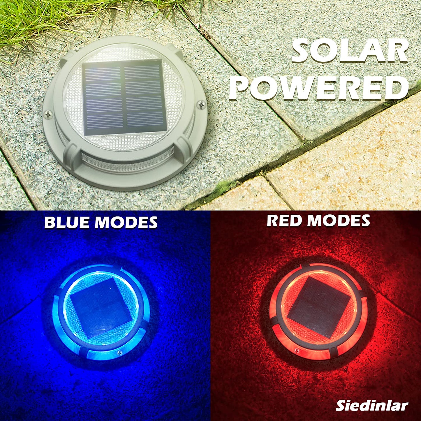 SIEDiNLAR Solar Deck Lights Outdoor 16 LEDs Waterproof Driveway Markers 4 Pack Blue/Red Model SD008-BR