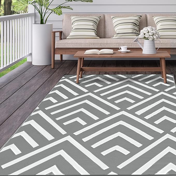 Kohree RV Outdoor Rugs 6x9, Patio Rugs Outdoor Waterproof Camping Mat, Indoor Outdoor Carpet with 4 Loops for Patio, Camping, Backyard, Picnic, Grey