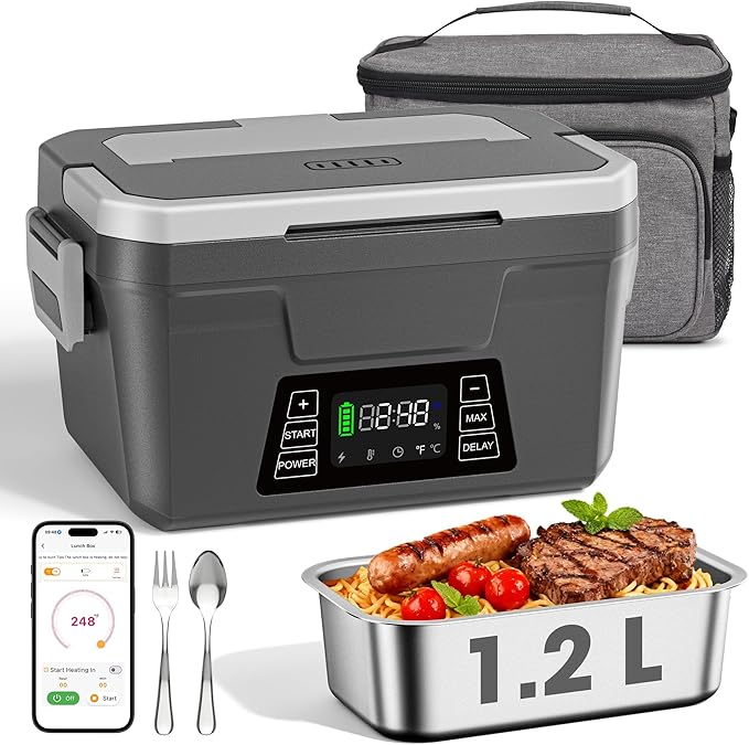 Cordless Electric Lunch Box for Adults with APP Control, 1.2L Portable Heated Lunch Box Battery Powered with Automatic Heating, Self-Heating Food Warmer for Work, Office, 248°F Max, Leak Resistant