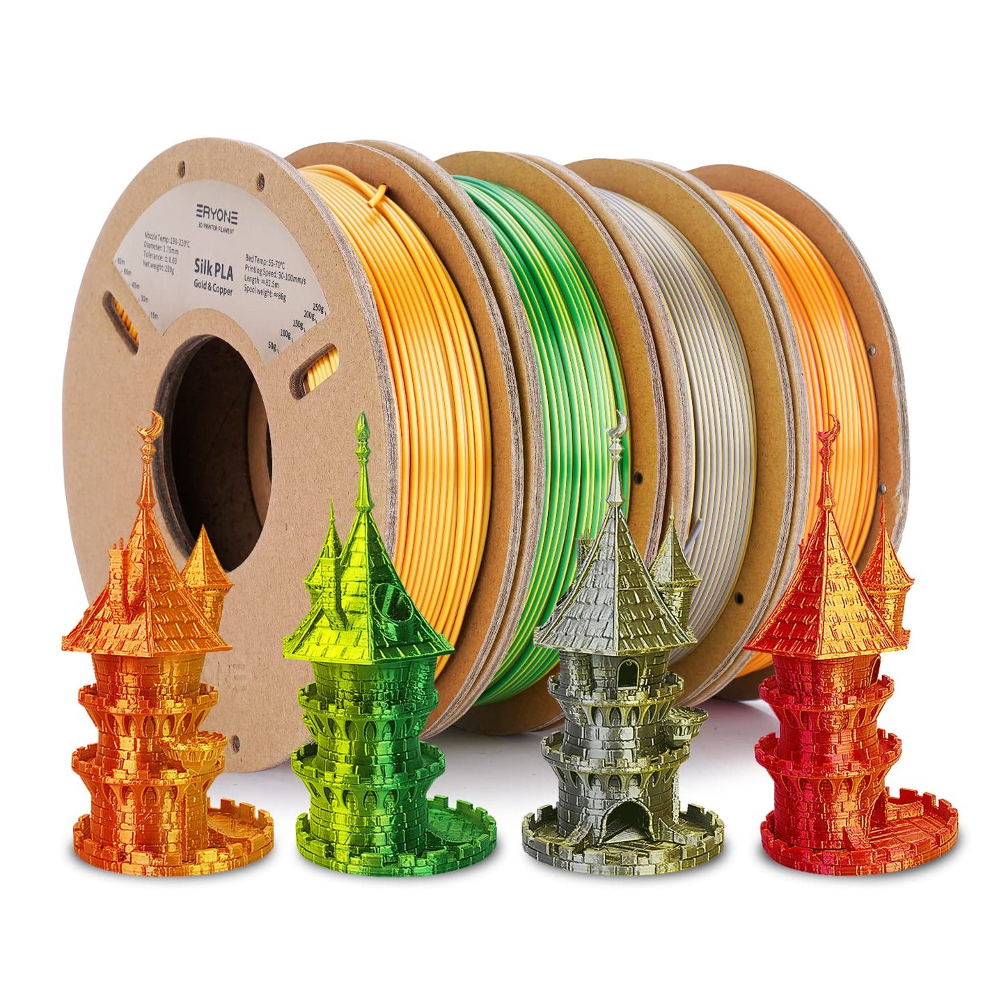 ERYONE Silk Dual Color Filament PLA 3D Printer 1.75mm +/- 0.03mm, Silk Coextrusion PLA Shiny Filament 0.25kg/Spools,4Pack(2.2lbs), Glod&Copper, Gold&Silver, Red&Glod, Yellow&Green