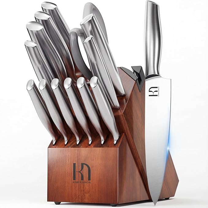 Knife Set Premium, Japanese High Carbon Stainless Steel 14 Pcs Kitchen Knives Block Set with Built-in Sharpener and Wood Block, Razor Sharp Knife Sets for Kitchen with Ergonomic Handle