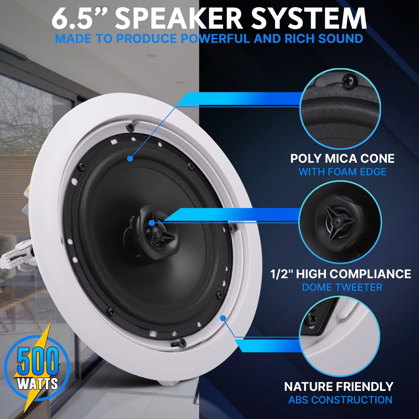 Pyle Ceiling And Wall Mount Speaker-6.5    2-Way 70V Audio Stereo Sound Subwoofer Sound With Dome Tweeter,500 Watts,In-Wall&In-C
