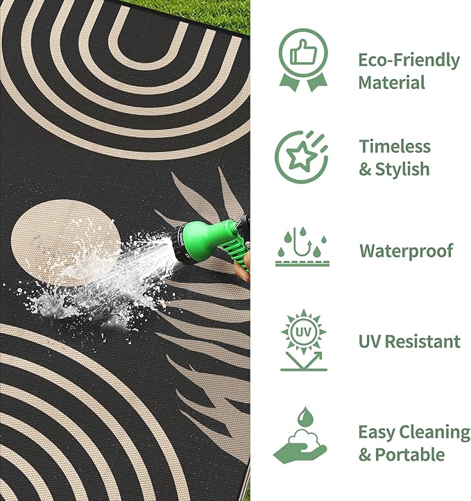 GENIMO Outdoor Rug 6' x 9' Waterproof for Patio Clearance, Reversible Lightweight Plastic Straw Camping Carpet, Large Area Rugs Mats for Rv, Backyard, Deck, Porch, Picnic, Balcony, Mix-Black & Beige