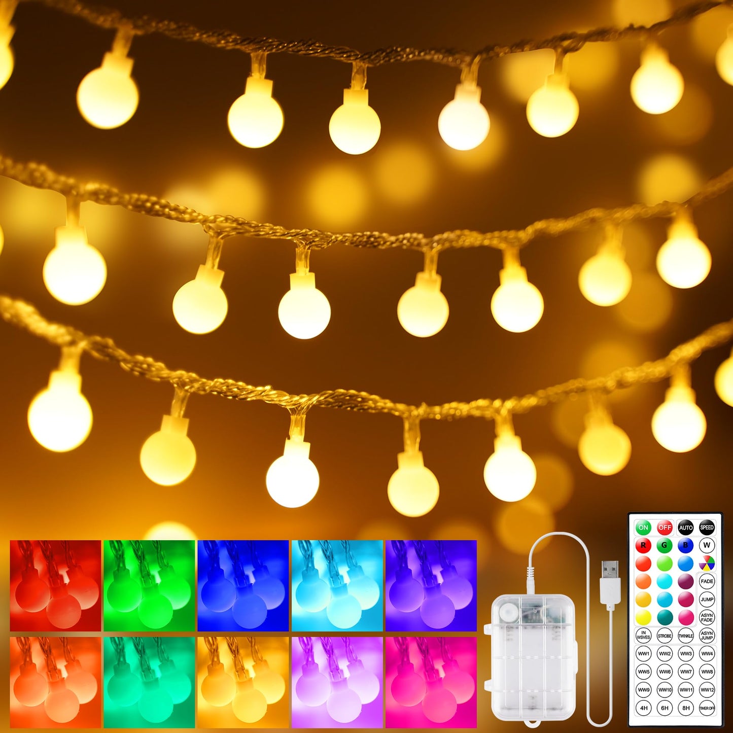 OMIKA Globe String Lights, 60 LED, 33 FT, Battery & USB Powered, 18 Colors + Warm White, Plastic, Model BG-QCTB-BO-14