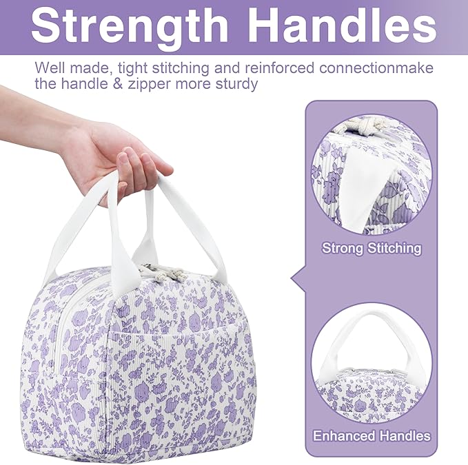 Lunch Bag - Insulated Lunch Box for Women, Reusable Large Capacity Cooler Bag for Adult, Small Leakproof Cute Corduroy Lunch Tote for Work Office Travel Picnic (Corduroy Purple-Flower)