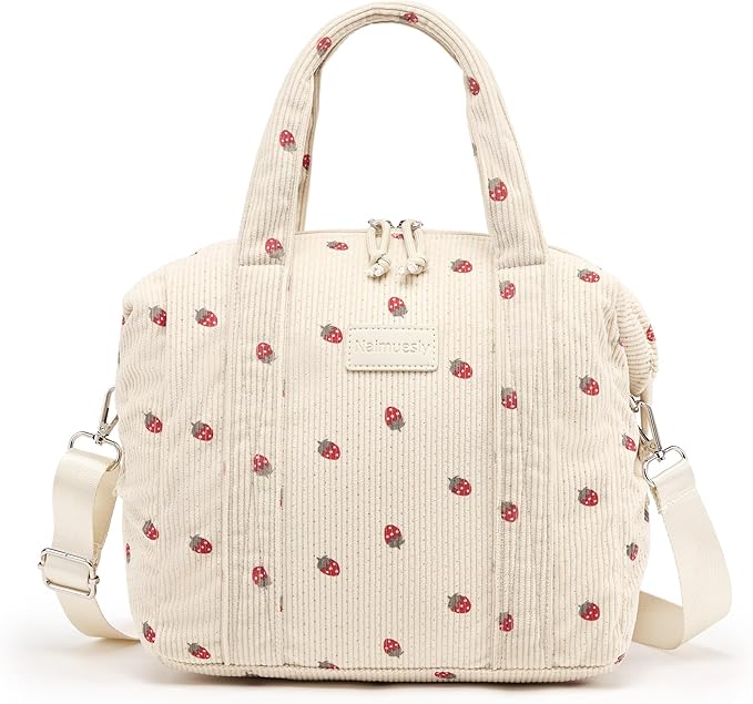 Lunch Bag Women Insulated Lunch Box,Cute Corduroy Lunch bags,Reusable Large Capacity Leakproof Cooler Bag with Adjustable Shoulder Strap for Men Adult Work Office Picnic Travel Strawberry