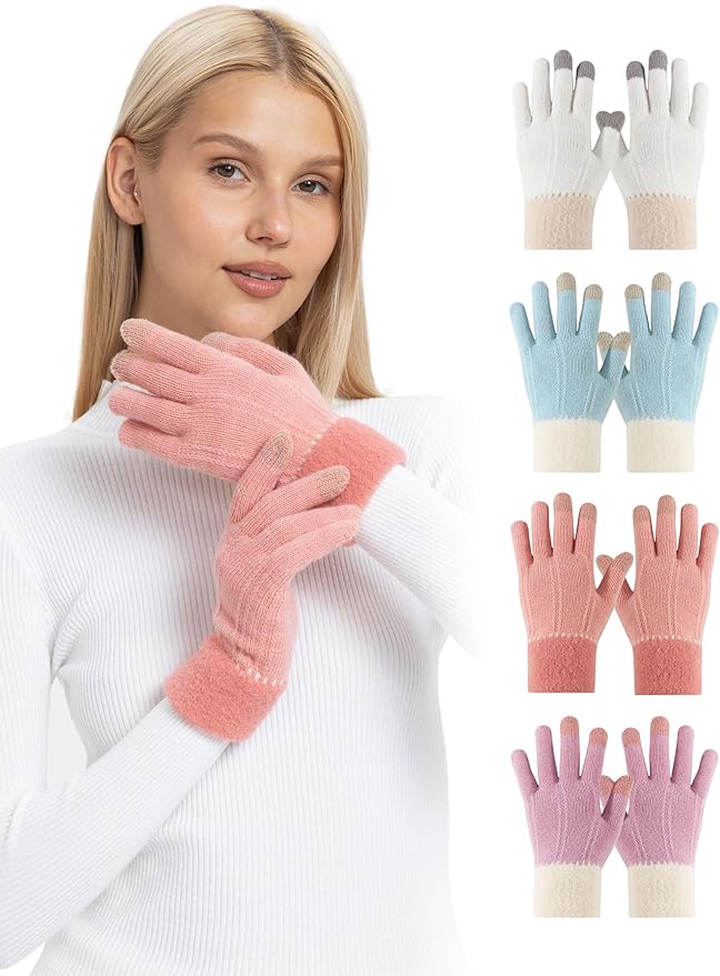 ORVINNER Winter Gloves for Women, 4 Pairs Womens Touch Screen Warm Lining Stretchy Thermal Knitted Gloves for Cold Weather