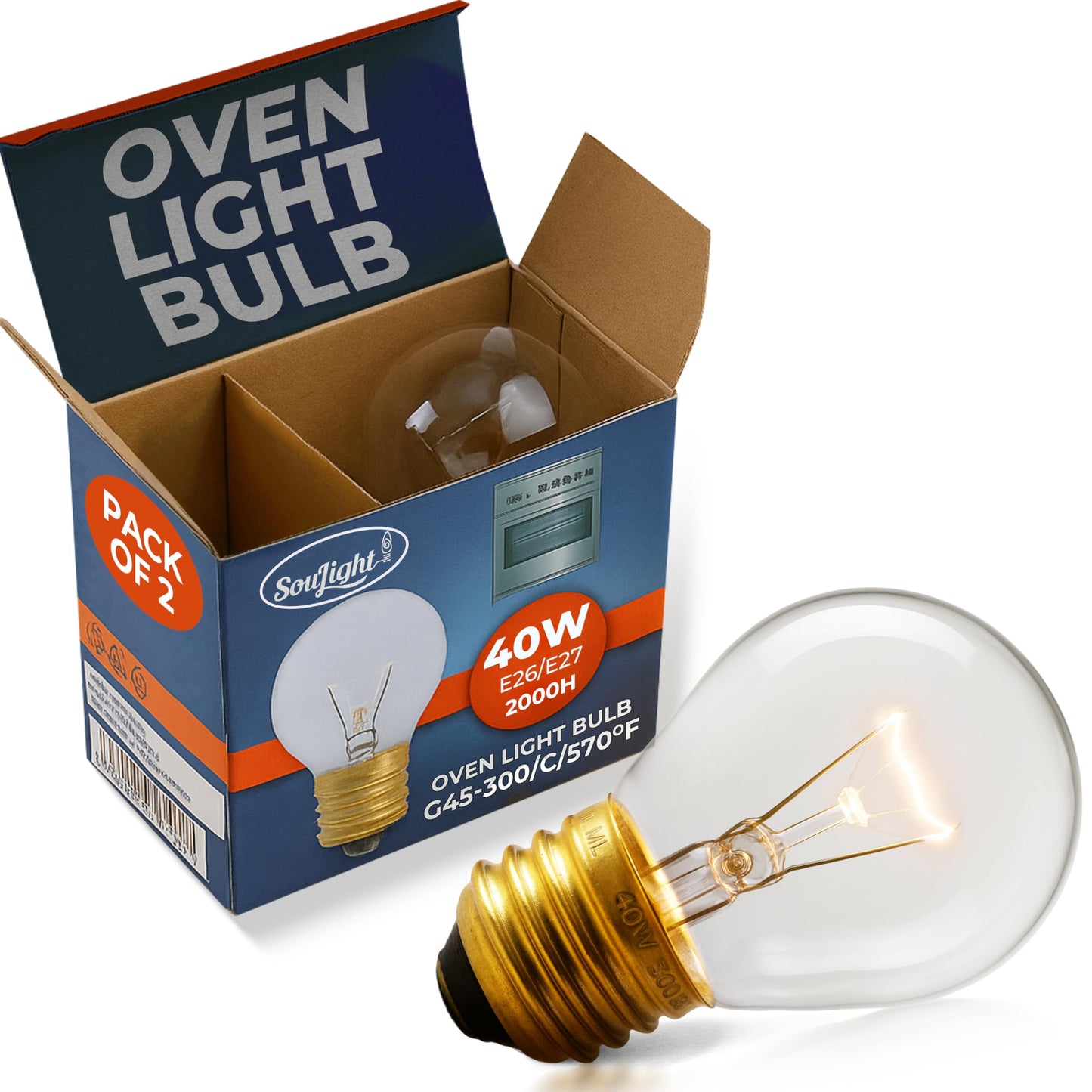 SouLight Oven Light Bulb – 40 Watt Appliance Replacement Bulbs for Oven, Stove, Refrigerator, Microwave. Incandescent - High Temp G45 E26/E27 Socket -Warm White - 400 Lumens - Clear.2 Pack