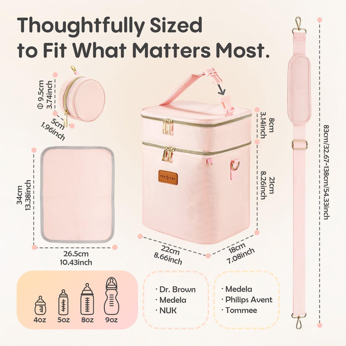 Breastmilk Cooler Bag with Ice Pack & Pacifier Case, Fits 6 Bottles up to 9 oz, Double Layer Insulated Baby Bottle Bag for Working Nursing Moms Gift Set,Pink