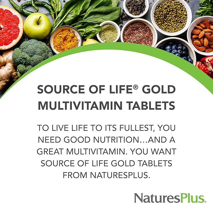 Natures Plus Source of Life Gold Multivitamin - 180 Tablets - Blood Support, Bone Support, Healthy Immune System - Includes Vitamins D3, B12, K2 & Over 120 Whole Food Nutrients - 60 Servings