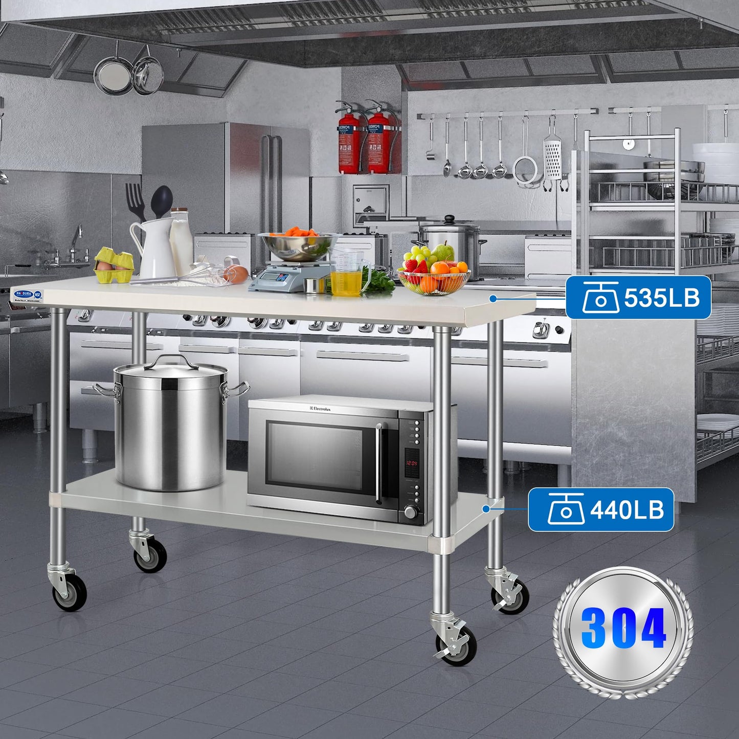 HARDURA Stainless Steel Table with Wheels 24 x 60 Inches Kitchen Prep Table Heavy Duty Stainless Steel Workbench with Aluminium Corner Undershelf NSF 304 Metel Table for Commercial Restaurant