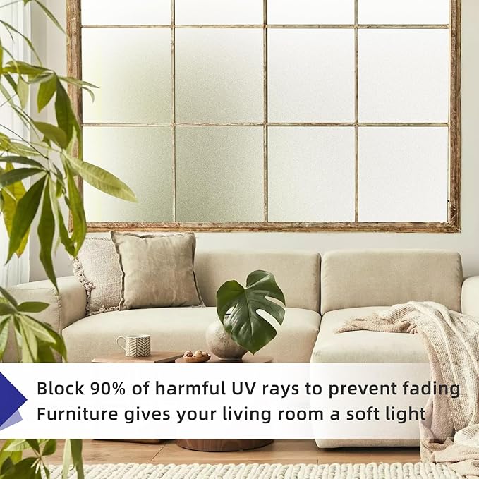 Frosted Window Privacy Film Non-Adhesive Static Cling Bathroom Decorative Stickers Heat Control UV Blocking Opaque Glass Window Coverings Film for Home Front Door Office (35.4 Inch x 6.5 Feet)