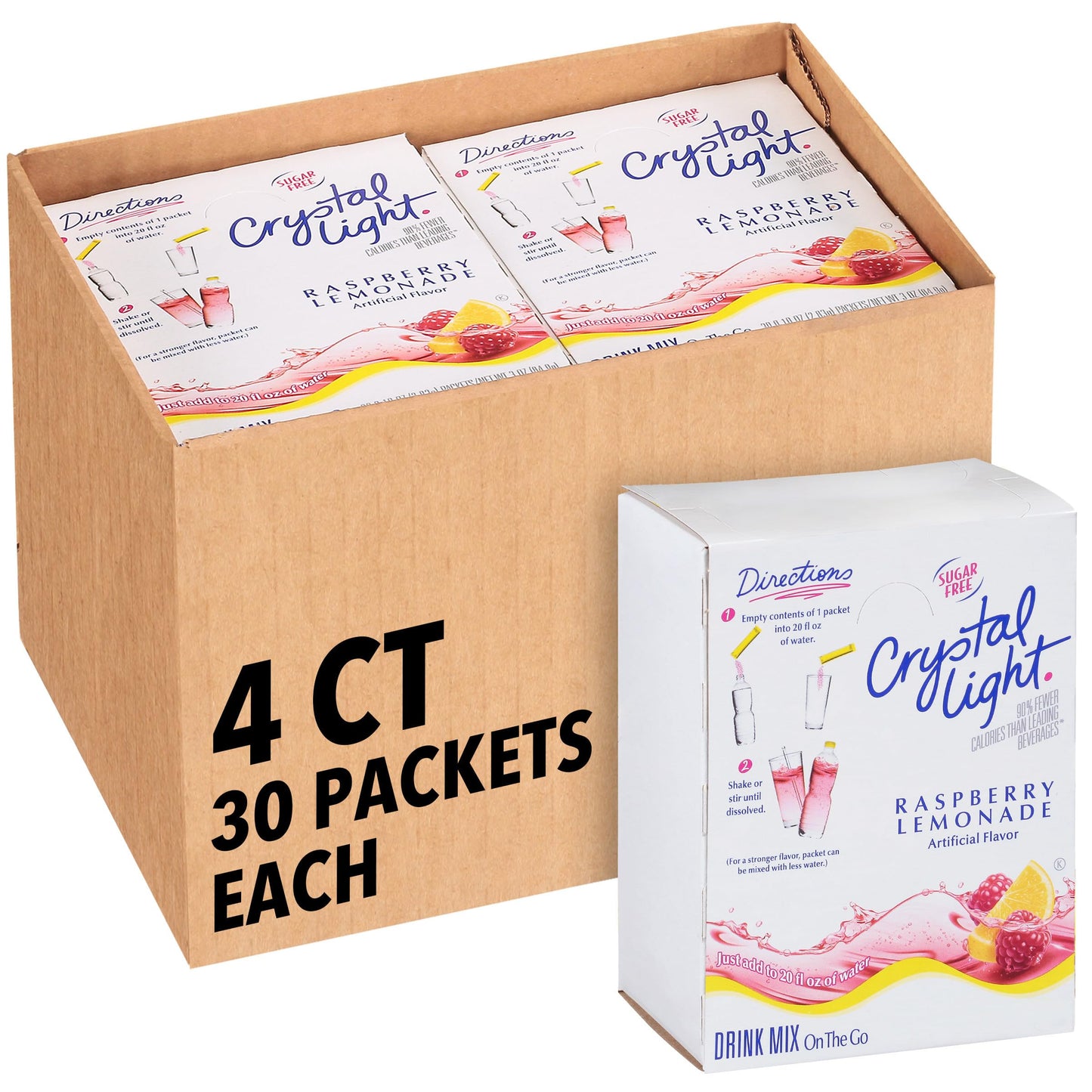 Crystal Light Single Serve Raspberry Lemonade Artificially Flavored Powdered Drink Mix, 120 per Case, 4 Boxes of 30 On-the-Go Pa