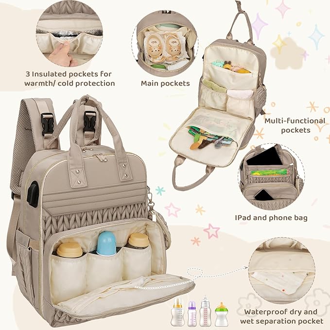 CandyHome Diaper Bag Backpack, Stylish Travel Baby Diaper Bags with Changing Pad, Insulated Pockets, Waterproof Baby Bag Converts into Tote Bag, Diaper Backpack, Stroller Bag (Khaki)