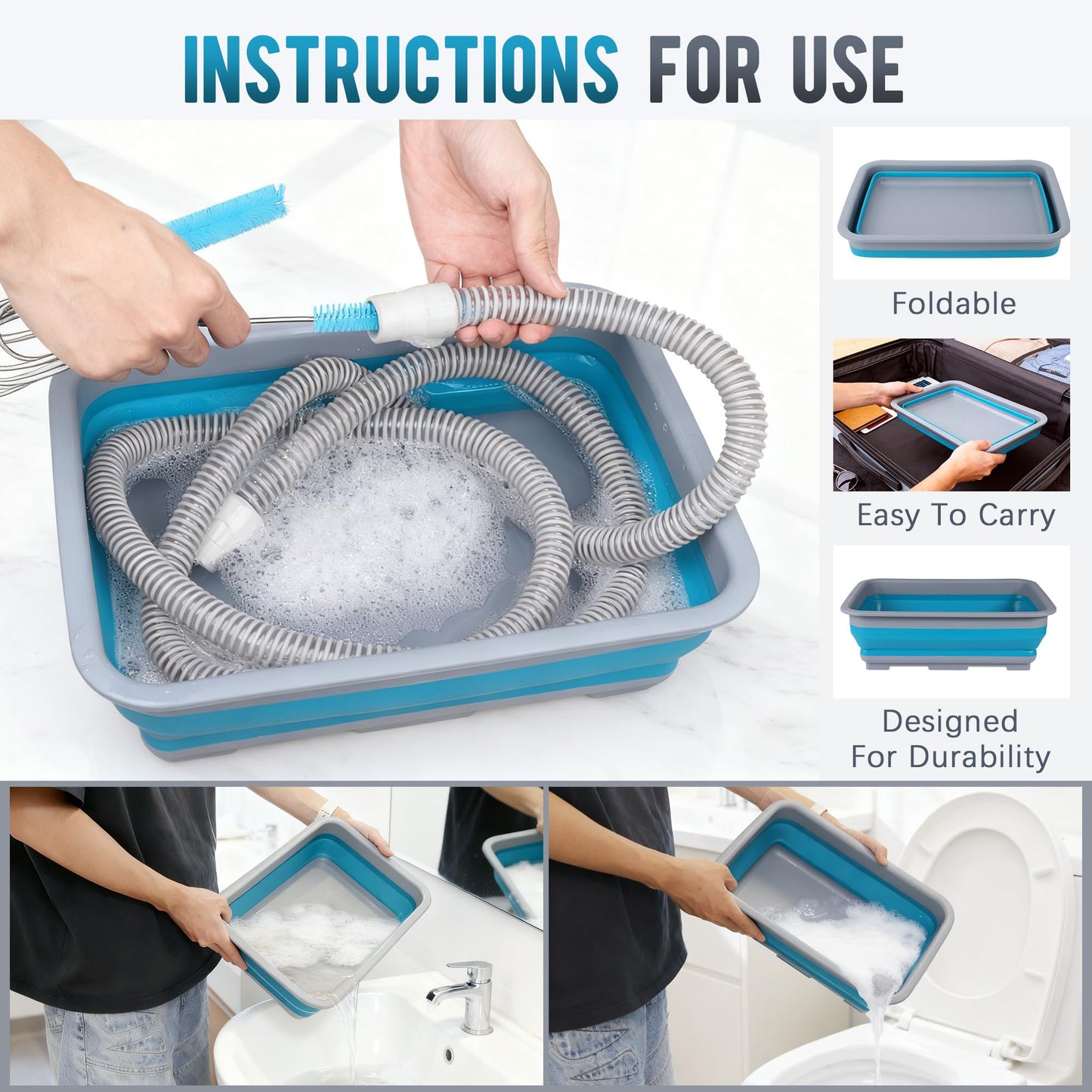 Tacare CPAP Cleaning kit Hose and Mask Brush with Collapsible Wash Basin Tub，Sponge and Storage Hag，6.9ft Extra Long Hose Brush, Compatible with 15mm and 22mm Hoses