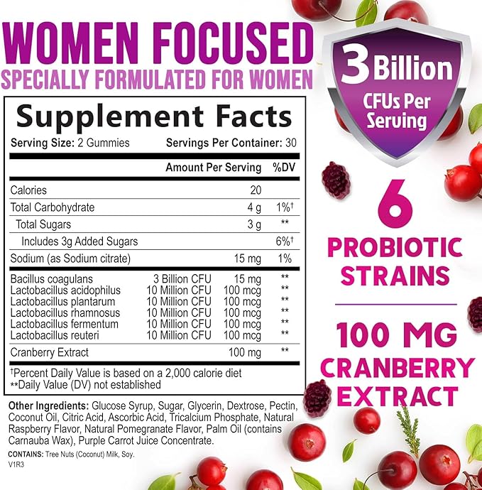 Probiotics for Women Gummy - 6 Diverse Strains w/ Cranberry, PH Balance, Digestive & Feminine Health Support, 3 Billion CFU Womens Probiotic for Urinary & Immune Support, Non-GMO - 60 Gummies