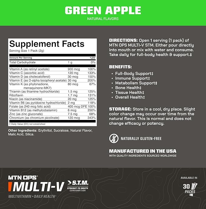 MTN OPS Multi-V, Daily Multivitamin for Women & Men with Immune Support, Safe for Kids, Gluten Free STM Packs, Variety of Flavors, 30 Servings