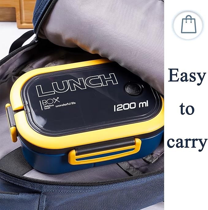 Bento Box Adult, Lunch Box for Men and Women, 1200ML Leak-proof Double-layered with Handle Lunchbox, Reusable BPA-Free Lunch Container, Microwave/Dishwasher Safe, Snack Box with Cutlery Set, Blue