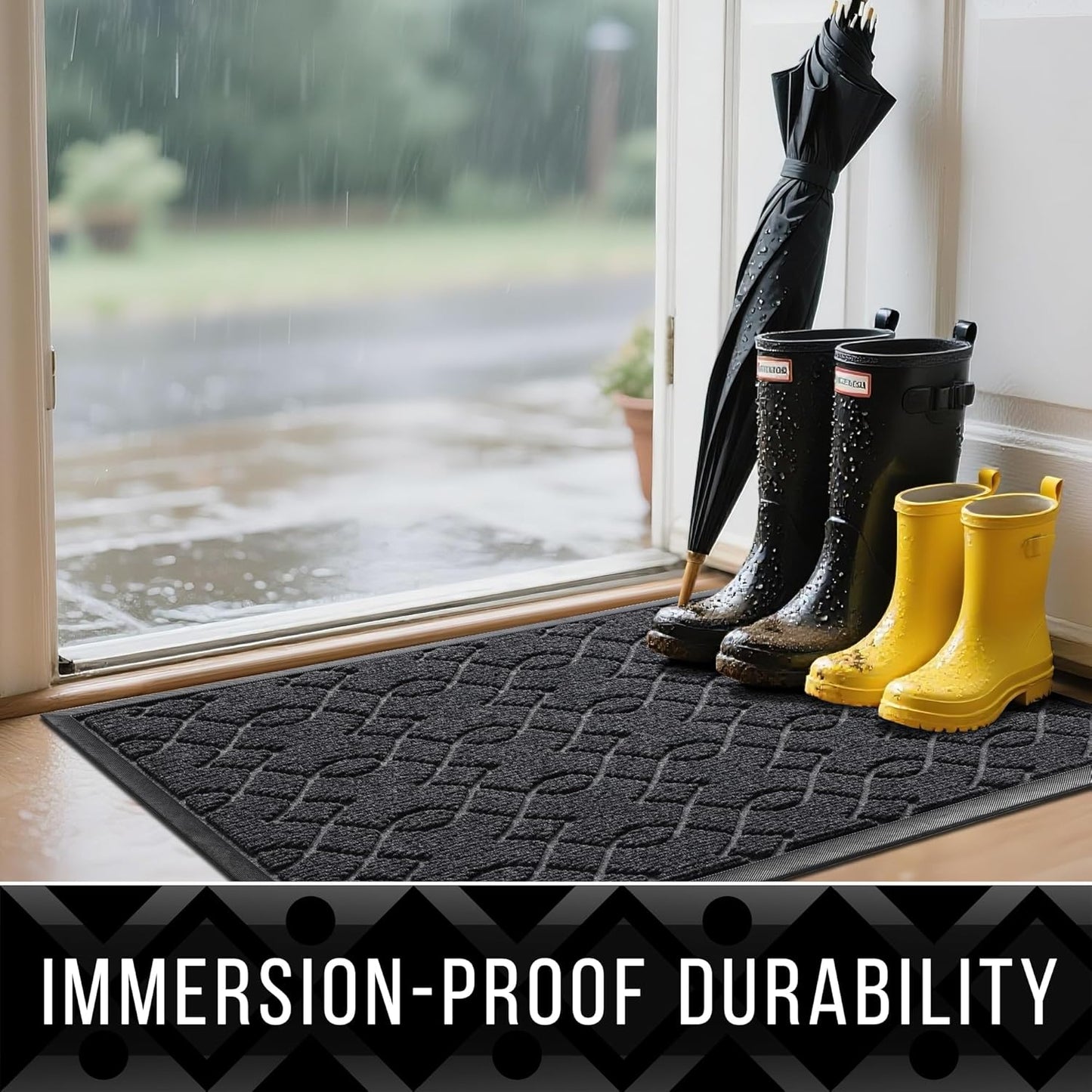 Yimobra Front Door Mat, Waterproof All-Weather Welcome Matt Outdoor Indoor, Non-Slip Low Profile Outdoor Mats for Front Door Outside Entrance, Patio Porch Entryway Mat, 29.5x17, Black Grey