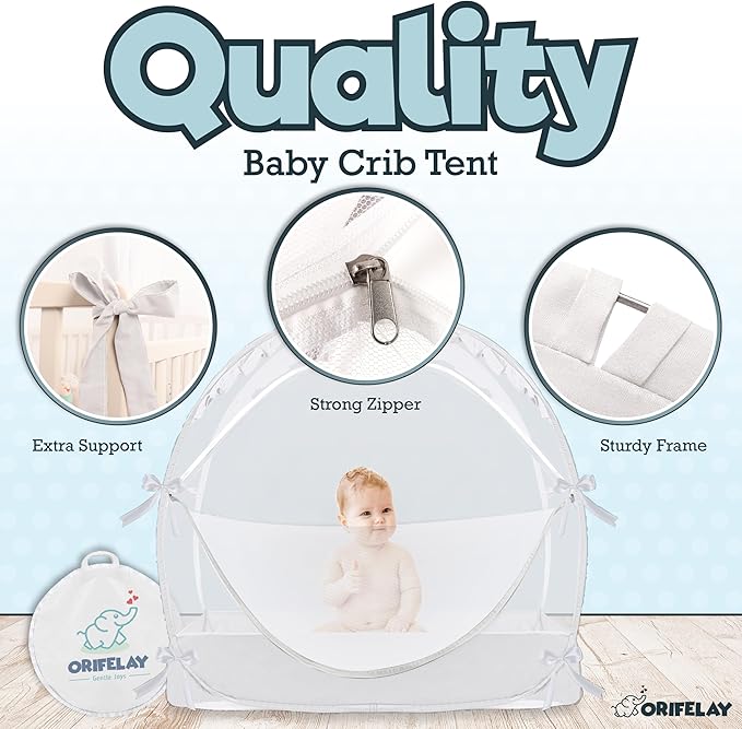 Baby Crib Tent - Toddler Bed Tent w/White Noise Machine, Wide Zipper Opening - Easy Setup Crib Cover w/Glow in The Dark Stickers & Custom Multi Color Light, Breathable Mesh Cribs Net (White)