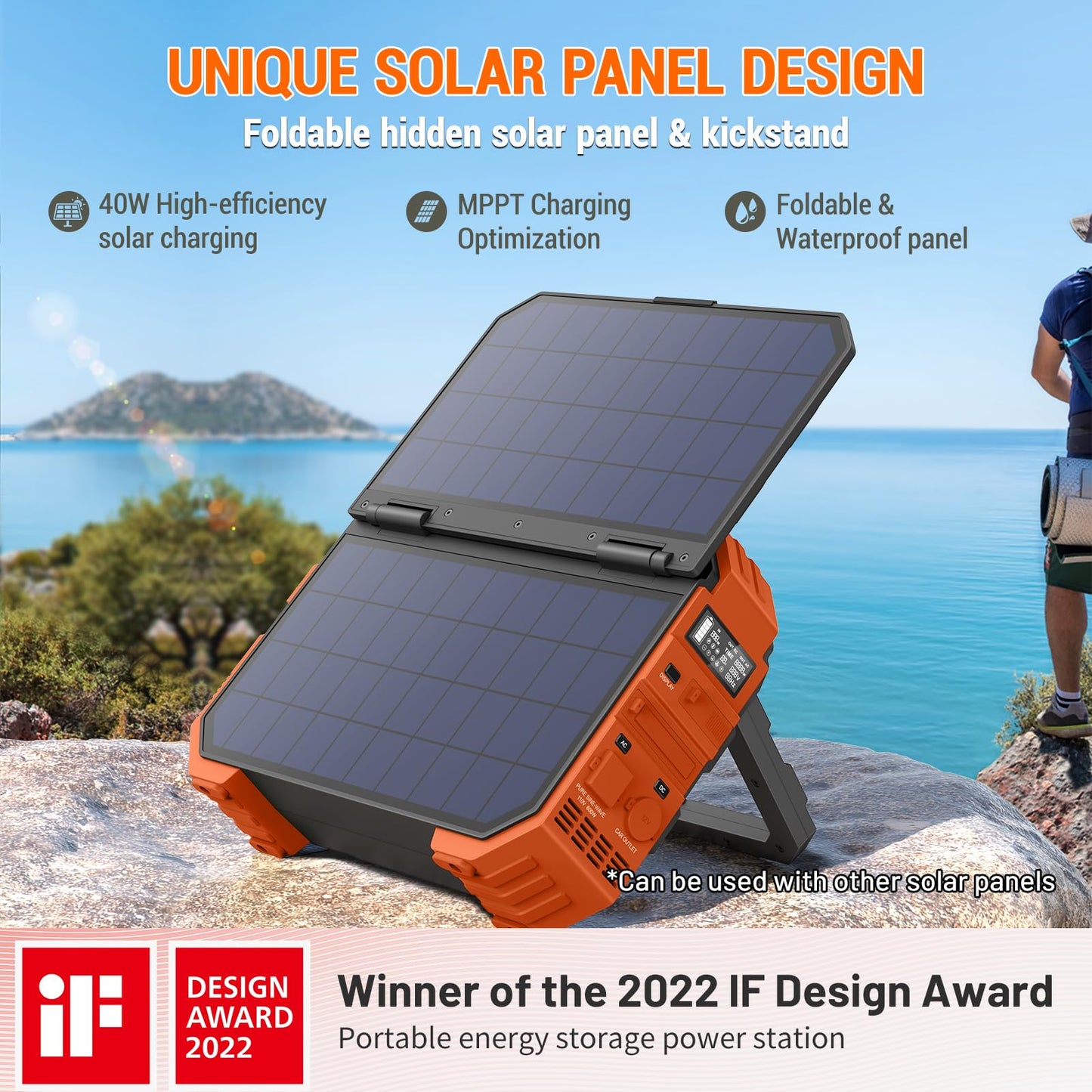 BROWEY 1000W Portable Power Station - 614WH Solar Generator with Built-in Panel, AC/DC/USB Outputs, Orange, Model DS-S1000