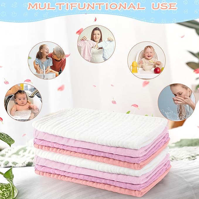 Buryeah Muslin 20 Pcs Burp Cloths Large 20" x 10" 100% Cotton 6 Layers Ultra Absorbent and Soft Hand Washcloths for Baby Drool and Messes Gentle Burp Cloth for Boys & Girls(Sweet Colors)