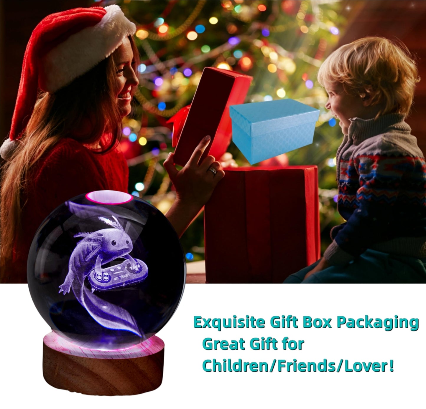 DIGFPWT Axolotl Crystal Ball Night Light, 3.15 Inch, 16 Color LED, Wooden Base, Gift Box Packing, Axolotl E