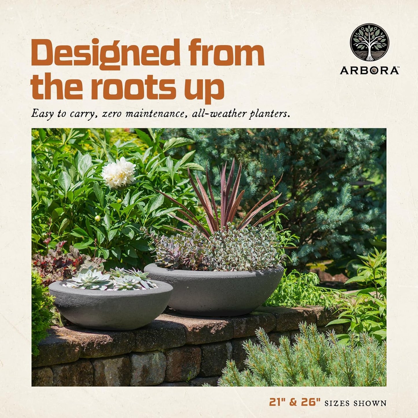 ARBORA 21" and 26” Santorini Bowls with Stone Blend Concrete Gray Finish - Polyresin Indoor and Outdoor Planters, Durable, Weatherproof, Lightweight, Large Plant Pots for Patio, Garden, Deck